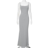 Women Summer Casual Solid Sleeveless Suspender Maxi Dress