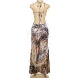 Summer Women sexy Halter Neck lace hollow snake print dress