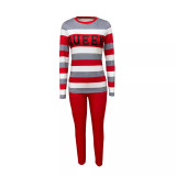 Autumn winter women's stripes Letter print Round Neck long sleeve T-shirt slim pants Casual two piece set