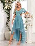 Evening dress deep v short sleeve sequin mesh patchwork irregular bridesmaids prom dress