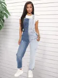 Women Women Elastic Color Block Ripped Overalls