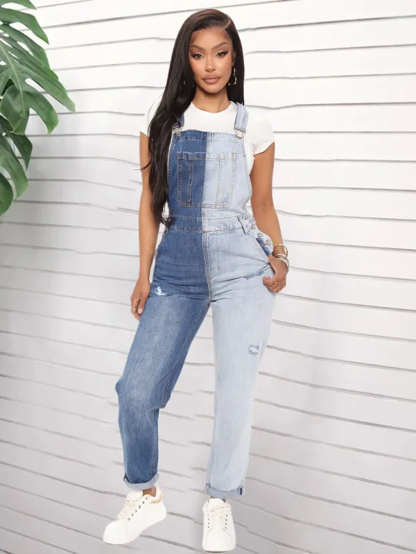 Women Women Elastic Color Block Ripped Overalls