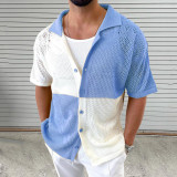 men's Color matching hollow knitting shirt summer Turndown Collar short-sleeved cardigan