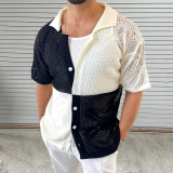 men's Color matching hollow knitting shirt summer Turndown Collar short-sleeved cardigan