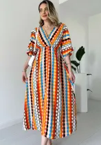 Women's fashion Holidays style striped print v-neck long dress
