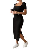 Summer women's fashion square neck sexy slim slit Bodycon Dress