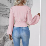 Spring autumn fashion Slim Waist V-neck solid color pleated women's long sleeve top