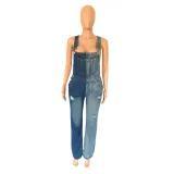 Women Women Elastic Color Block Ripped Overalls
