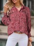 Autumn winter women's long-sleeved printed top Turndown Collar lantern sleeve shirt