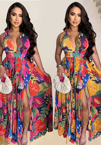 Fashionable women's printed sleeveless long dress