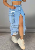 women's slit Ripped pocket Cargo Denim skirt