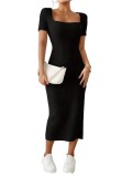 Summer women's fashion square neck sexy slim slit Bodycon Dress