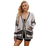 Women's Autumn winter knitting jacket v-neck Plus Size color matching cardigan sweater for women