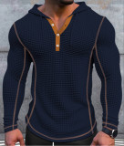 Casual fashion Men's waffle button hooded long sleeve T-shirt top