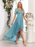 Evening dress deep v short sleeve sequin mesh patchwork irregular bridesmaids prom dress