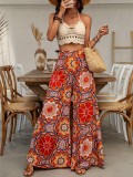 Women's floral print high waist wide-leg trousers