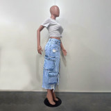 women's slit Ripped pocket Cargo Denim skirt