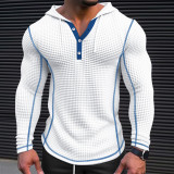 Casual fashion Men's waffle button hooded long sleeve T-shirt top