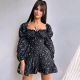 Autumn dress fashion style Chic slim floral long-sleeved a-line dress