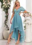 Evening dress deep v short sleeve sequin mesh patchwork irregular bridesmaids prom dress