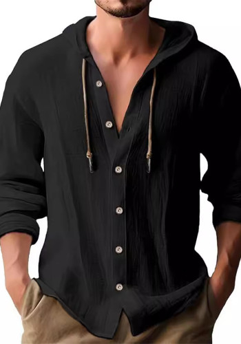 Spring autumn men's hooded T-shirt solid color linen Casual long-sleeved top