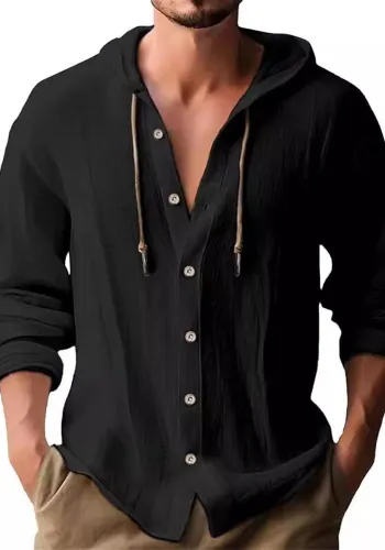 Spring autumn men's hooded T-shirt solid color linen Casual long-sleeved top