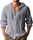 Spring autumn men's hooded T-shirt solid color linen Casual long-sleeved top