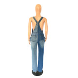 Women Women Elastic Color Block Ripped Overalls