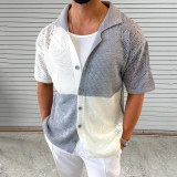 men's Color matching hollow knitting shirt summer Turndown Collar short-sleeved cardigan