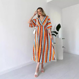 Women's fashion Holidays style striped print v-neck long dress