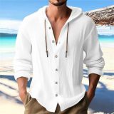 Spring autumn men's hooded T-shirt solid color linen Casual long-sleeved top