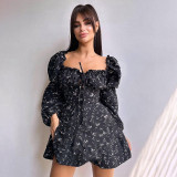 Autumn dress fashion style Chic slim floral long-sleeved a-line dress