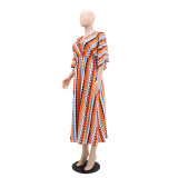 Women's fashion Holidays style striped print v-neck long dress