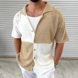 men's Color matching hollow knitting shirt summer Turndown Collar short-sleeved cardigan