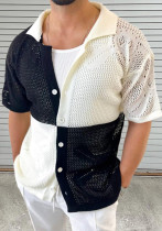 men's Color matching hollow knitting shirt summer Turndown Collar short-sleeved cardigan