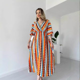 Women's fashion Holidays style striped print v-neck long dress