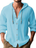 Spring autumn men's hooded T-shirt solid color linen Casual long-sleeved top