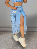 women's slit Ripped pocket Cargo Denim skirt