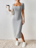 Summer women's fashion square neck sexy slim slit Bodycon Dress