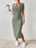 Summer women's fashion square neck sexy slim slit Bodycon Dress