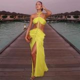 sexy low waist chain Halter Neck slit Chiffon long dress