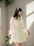 Women'sautumn fashion solid color puff sleeve Cascading Ruffles chiffon dress