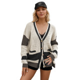 Women's Autumn winter knitting jacket v-neck Plus Size color matching cardigan sweater for women