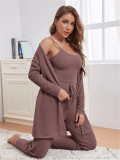 Women Knitting Suspender Top Trousers Robe Pajama Three-Piece