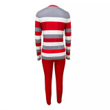 Autumn winter women's stripes Letter print Round Neck long sleeve T-shirt slim pants Casual two piece set