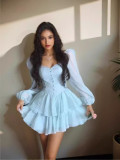 Women'sautumn fashion solid color puff sleeve Cascading Ruffles chiffon dress