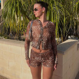 Women's autumn sexy leopard printed mesh long-sleeved top slim shorts two piece set