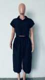 Summer women's fashion loose wide-leg cargo pants turndown collar top casual two-piece set