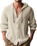 Spring autumn men's hooded T-shirt solid color linen Casual long-sleeved top