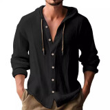 Spring autumn men's hooded T-shirt solid color linen Casual long-sleeved top